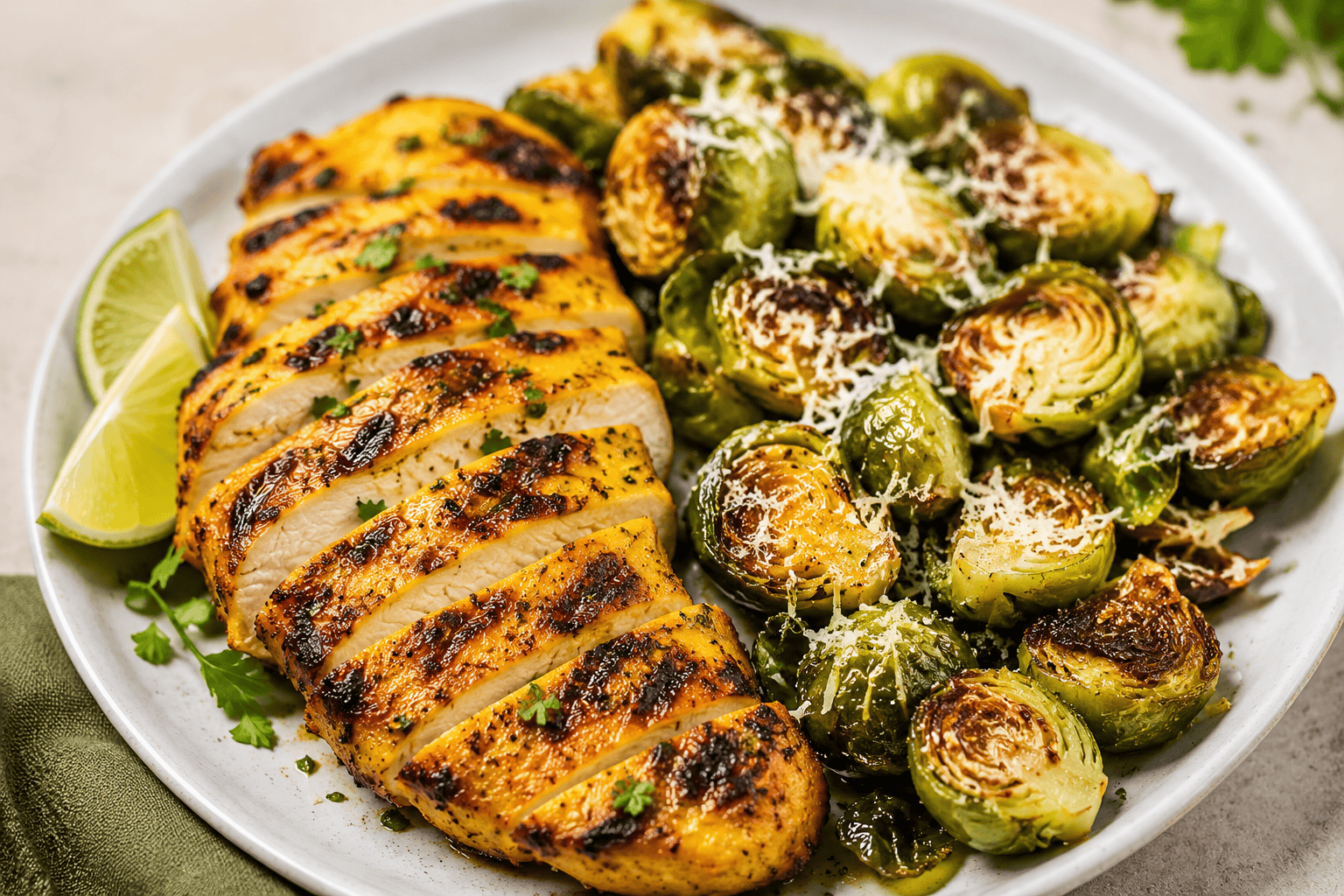 Turmeric Ginger Grilled Chicken with Parmesan Brussels Sprouts