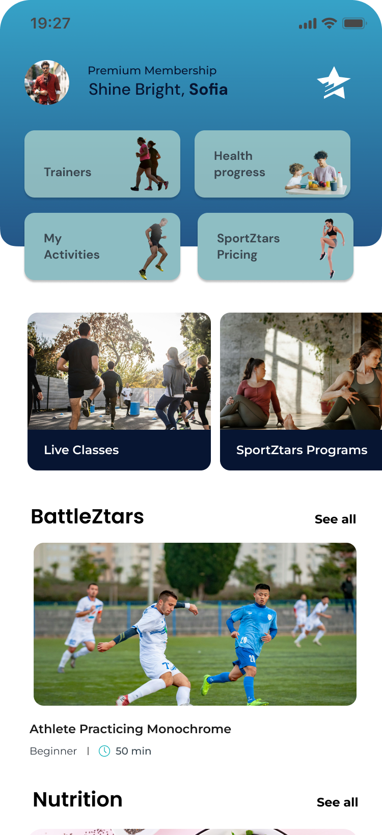 The SportZtars app home screen
