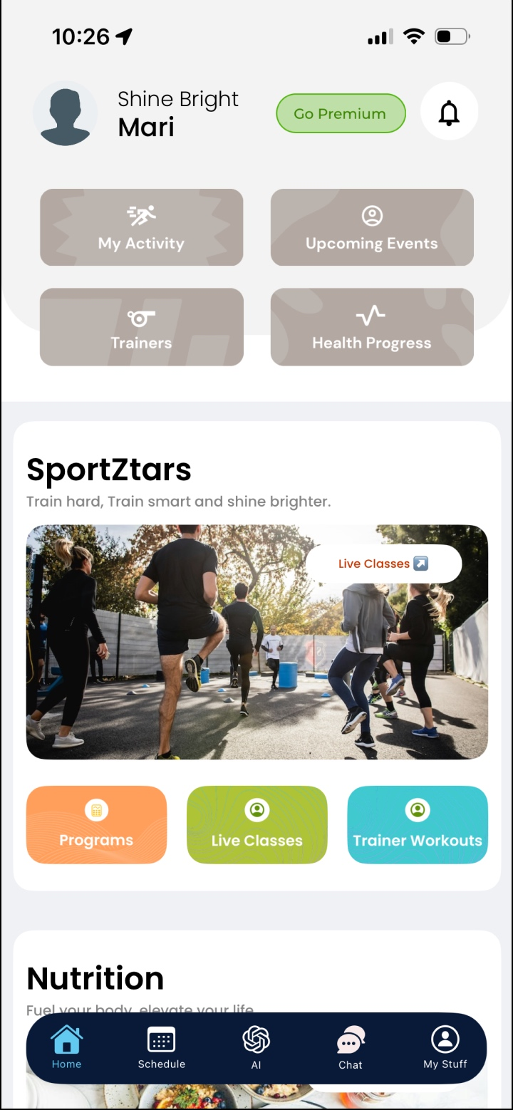 The SportZtars app home screen bringing fitness, recovery, nutrition, and mental health together